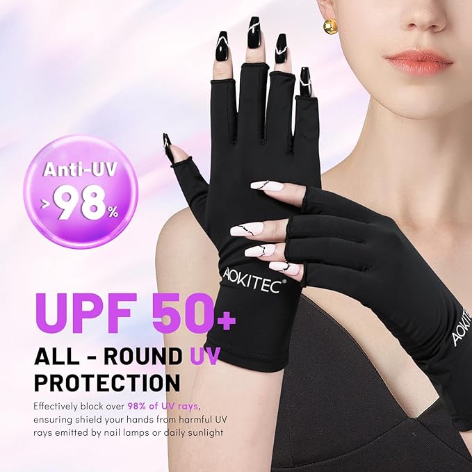 Aokitec UV Gloves for Nails - UPF50+ UV Protection Gloves for Gel  Manicures, Anti-UV Gloves for Gel Nail Lamp Fingerless UV Gloves for Nail  Art Skin